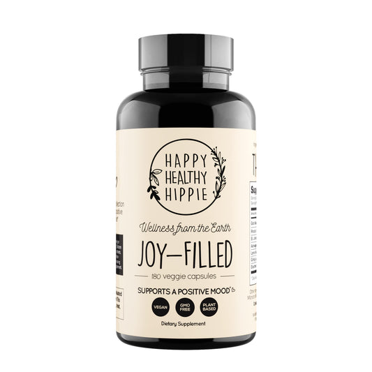 Happy Healthy Hippie Joy-Filled mood supplement bottle promotes calm and balanced mood.
