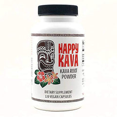 Happy Kava packaging display showcasing vegan capsules for easy use