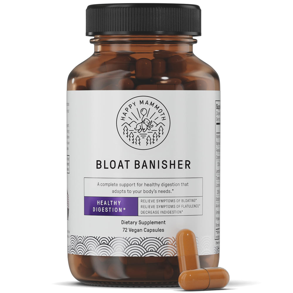 Happy Mammoth Bloat Banisher bottle closeup showing natural digestion support
