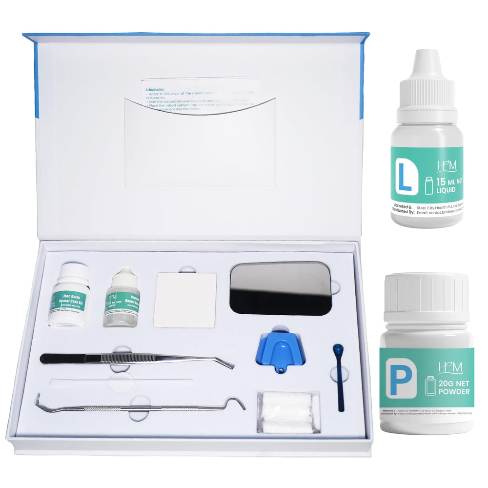 Happy Moms HM Zinc Oxide Eugenol kit powder for at-home dental seal and temporary repair.