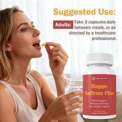 Happy Saffron Plus bottle pouring capsules for easy daily supplementation.