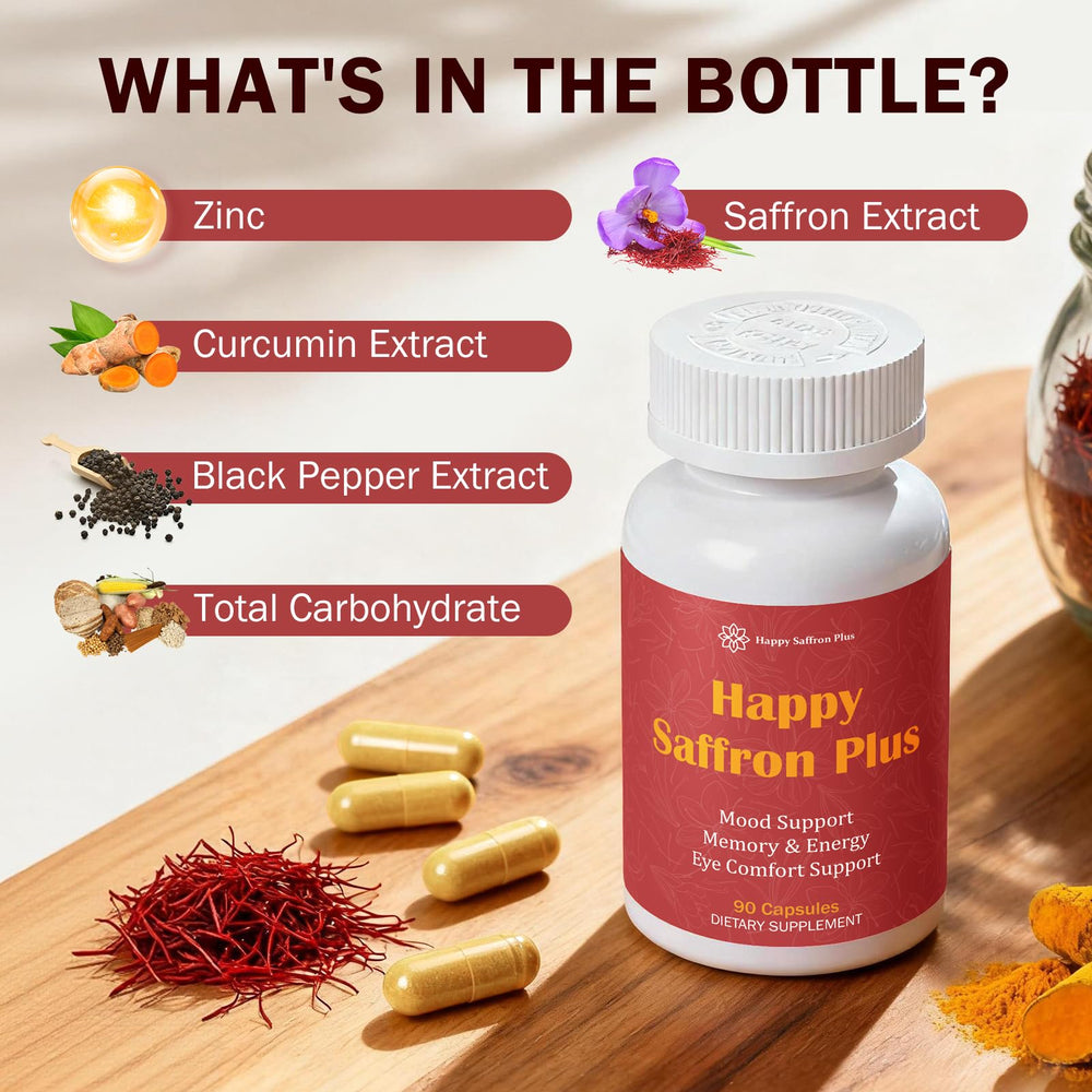 Happy Saffron Plus capsules inside bottle cap, ready for daily mood support.