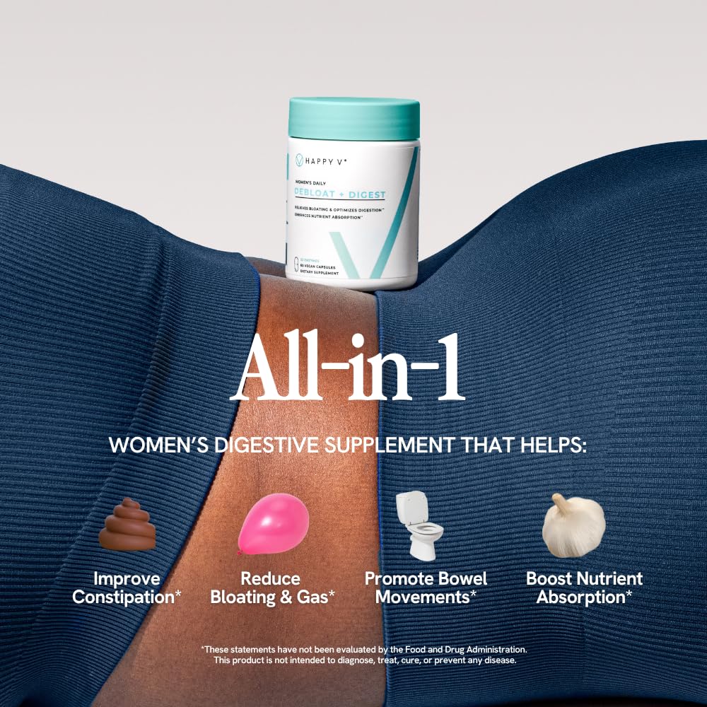 Happy V Debloat + Digest with prebiotic and probiotic to show complete gut support.