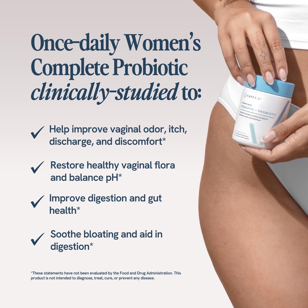 Happy V delayed-release capsules delivering probiotics in a convenient bottle.