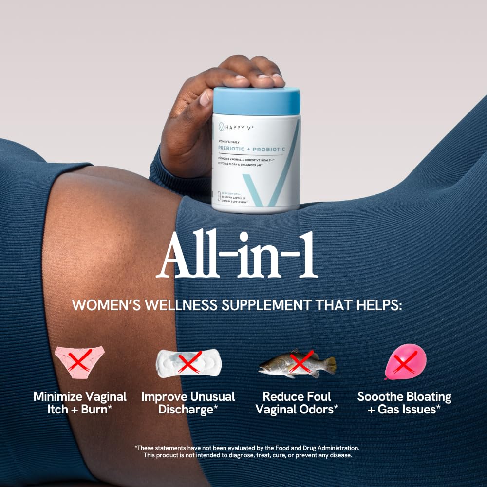 Happy V Lactobacillus acidophilus LA-14 label supporting vaginal pH balance.