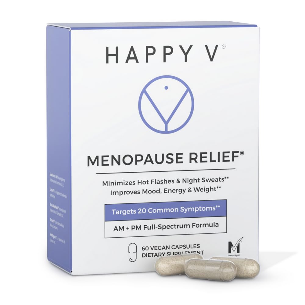 Happy V Menopause Relief bottle on desk signals daily mood and temperature balance.