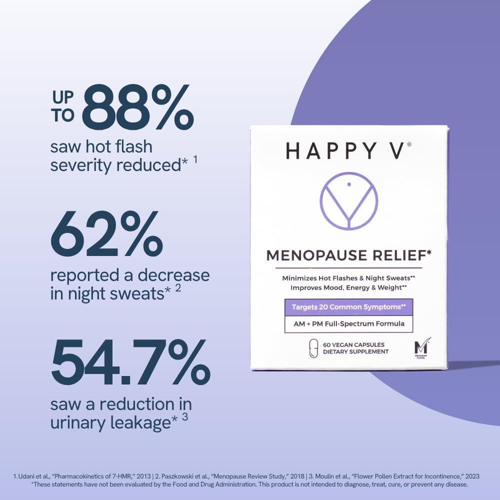 Happy V Menopause Relief label detail highlights allergen-free ingredients for sensitive users.