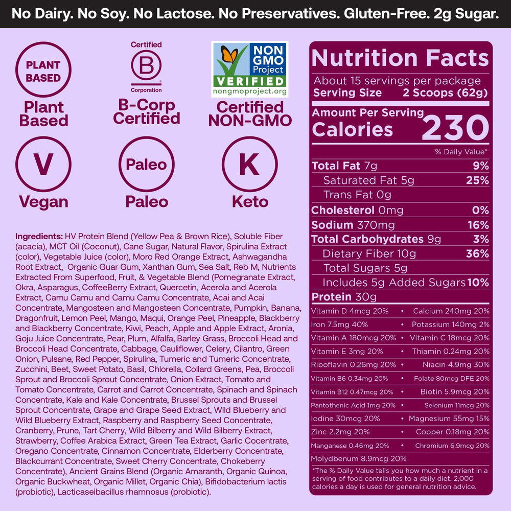 Happy Viking Berry Parfait nutrition facts highlighting 30g protein and 10g fiber.