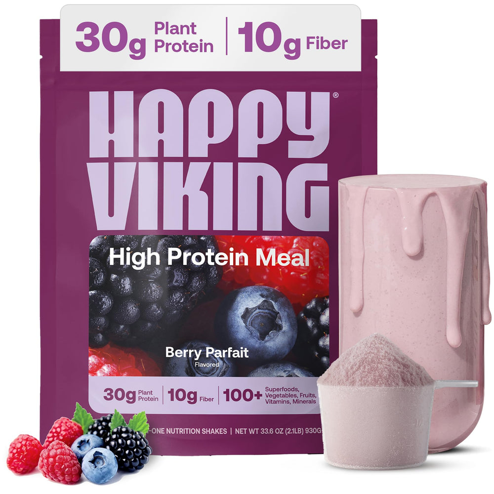 Happy Viking Berry Parfait protein powder tub with label promoting lean muscle support.
