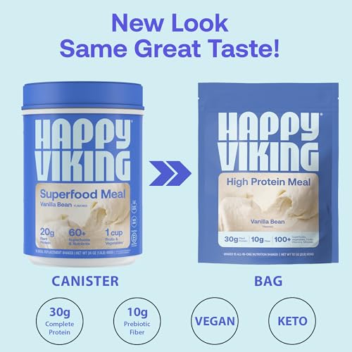 Happy Viking protein blend bag emphasizing clean ingredients and 100+ superfoods