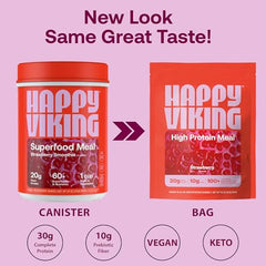 Happy Viking strawberry protein powder tub, vegan and gluten-free for everyday use