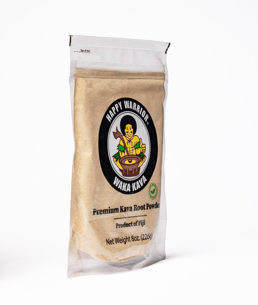 Happy Warrior Kava powder packaging highlights freshness from Fiji