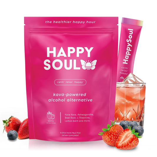 HappySoul Kava Drink Mix Berry bottle on counter promotes a calm unwind