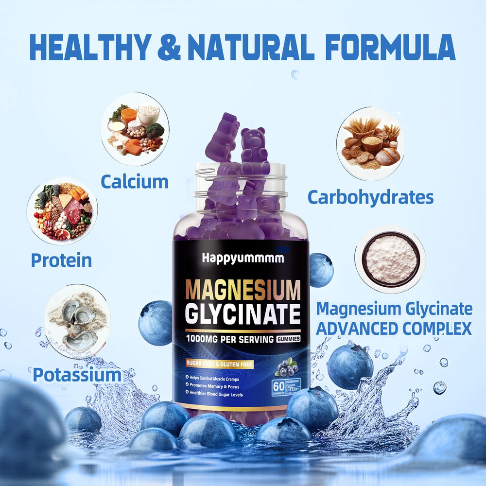 Happyummmm Blueberry Glycinate Gummies pack-shot highlighting vegan, sugar-free formula