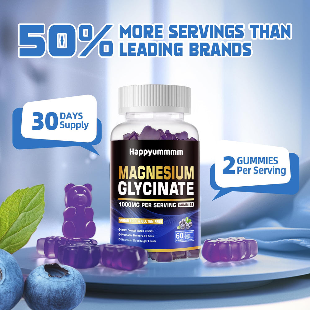 Happyummmm Blueberry Glycinate Gummies bottle shot demonstrates vegan formulation