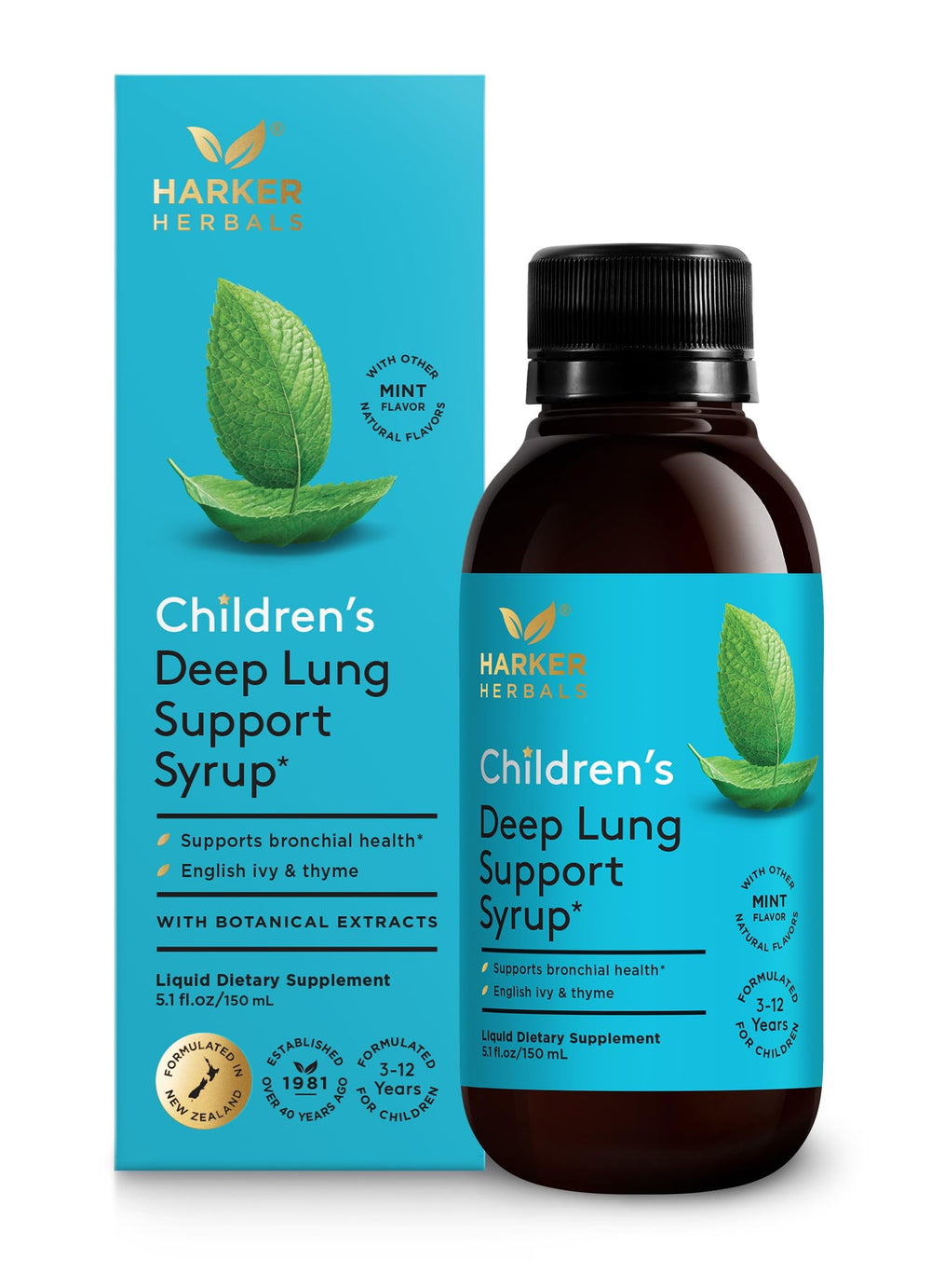 Harker Herbals Children's Deep Lung Support Syrup bottle front, gentle plant-based breathing support for kids.