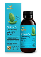 Harker Herbals Children's Deep Lung Support Syrup bottle front, gentle plant-based breathing support for kids.