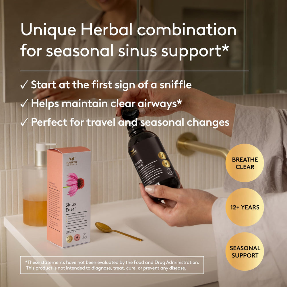 Harker Herbals Sinus Ease Syrup label shows ingredients and usage guidance.