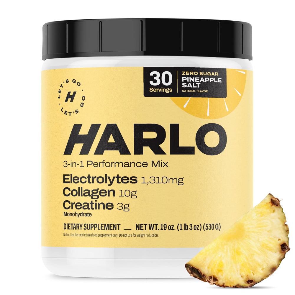 Harlo 3-in-1 electrolytes powder bottle foreground showing pineapple flavor hydration.