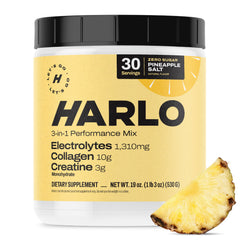 Harlo 3-in-1 electrolytes powder bottle foreground showing pineapple flavor hydration.