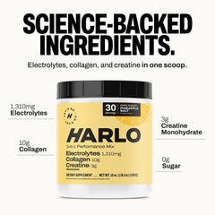 Harlo electrolyte mix swirl in a glass highlights sodium-rich hydration.