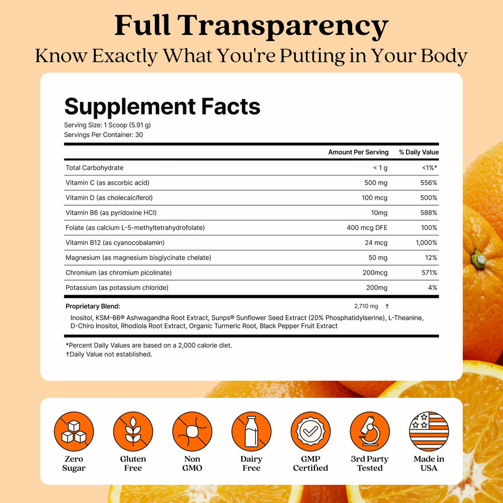 Harmonia Cortisol Cocktail label highlighting clean, non-GMO ingredients.