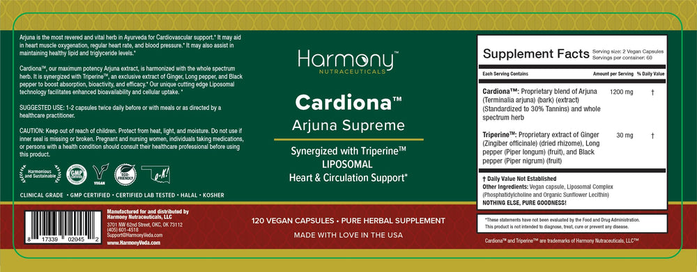 Harmony Nutraceuticals Arjuna Supreme bottle-back with ingredients and usage details