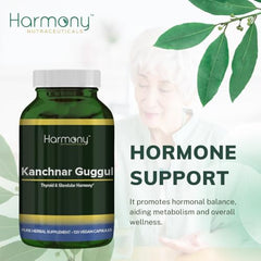 Harmony Kanchnar Guggul packaging box showcases Ayurvedic heritage and vegan formula.