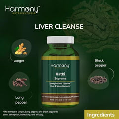 Harmony Kutki Supreme capsules arranged on tray highlight organic vegan formulation