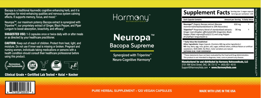 Harmony Neuropa-Bacopa packaging front highlighting value and quality