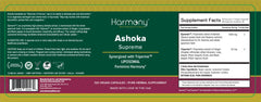 Harmony Nutraceuticals Ashoka Supreme extract label highlights Shokowin blend for absorption.