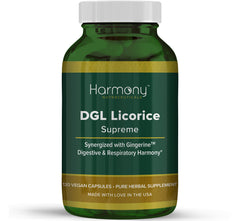Harmony Nutraceuticals DGL Licorice Supreme bottle showing a clinical grade formula for vitality.