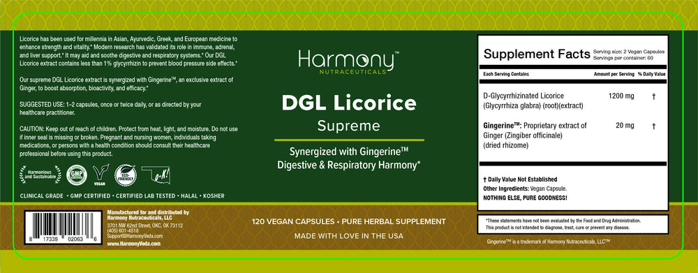 Harmony Nutraceuticals DGL Licorice Supreme capsules offering high potency and vegan care.