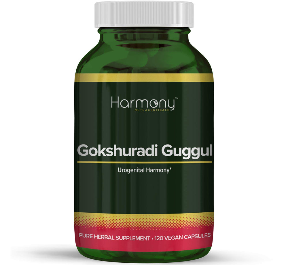 Harmony Nutraceuticals Gokshuradi Guggul bottle with 120 vegetarian capsules for urogenital support