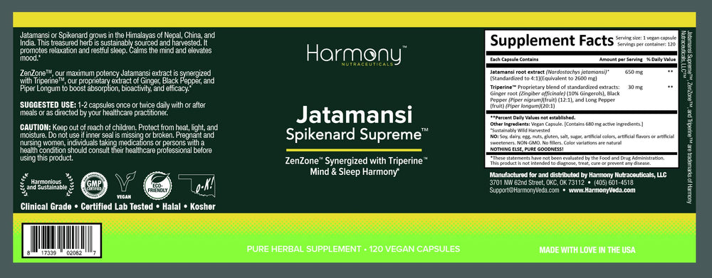 Harmony Nutraceuticals Jatamansi Supreme capsules shown as vegan, filler-free formula