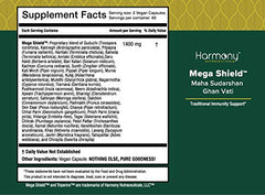 Harmony Nutraceuticals Mega Shield packaging bottle highlights value and purity