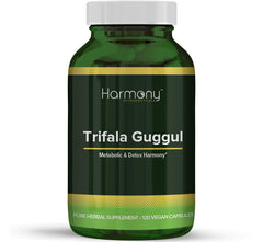 Harmony Nutraceuticals Trifala Guggul bottle showing easy capsule format for daily use