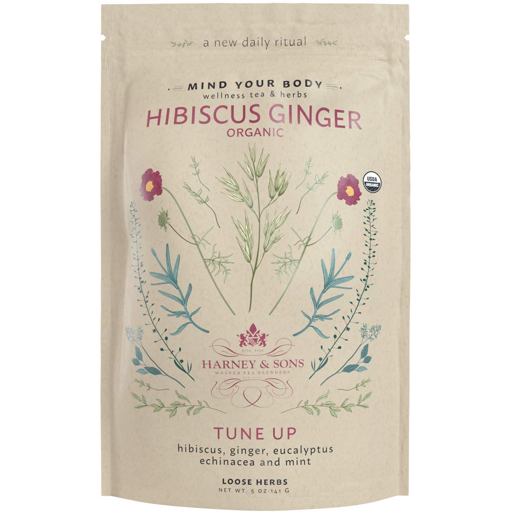 Harney and Sons Organic Hibiscus Ginger Tune-Up bag ready for a refreshing wellness cup