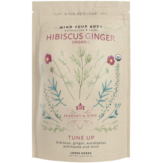 Harney and Sons Organic Hibiscus Ginger Tune-Up bag ready for a refreshing wellness cup