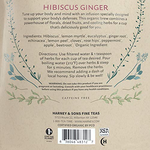 Harney and Sons organic ingredients close-up featuring hibiscus, echinacea, and peppermint