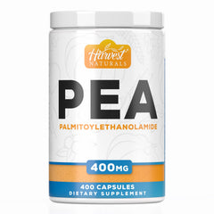 Harvest Naturals Palmitoylethanolamide capsules bottle-front view with 400 mg servings.