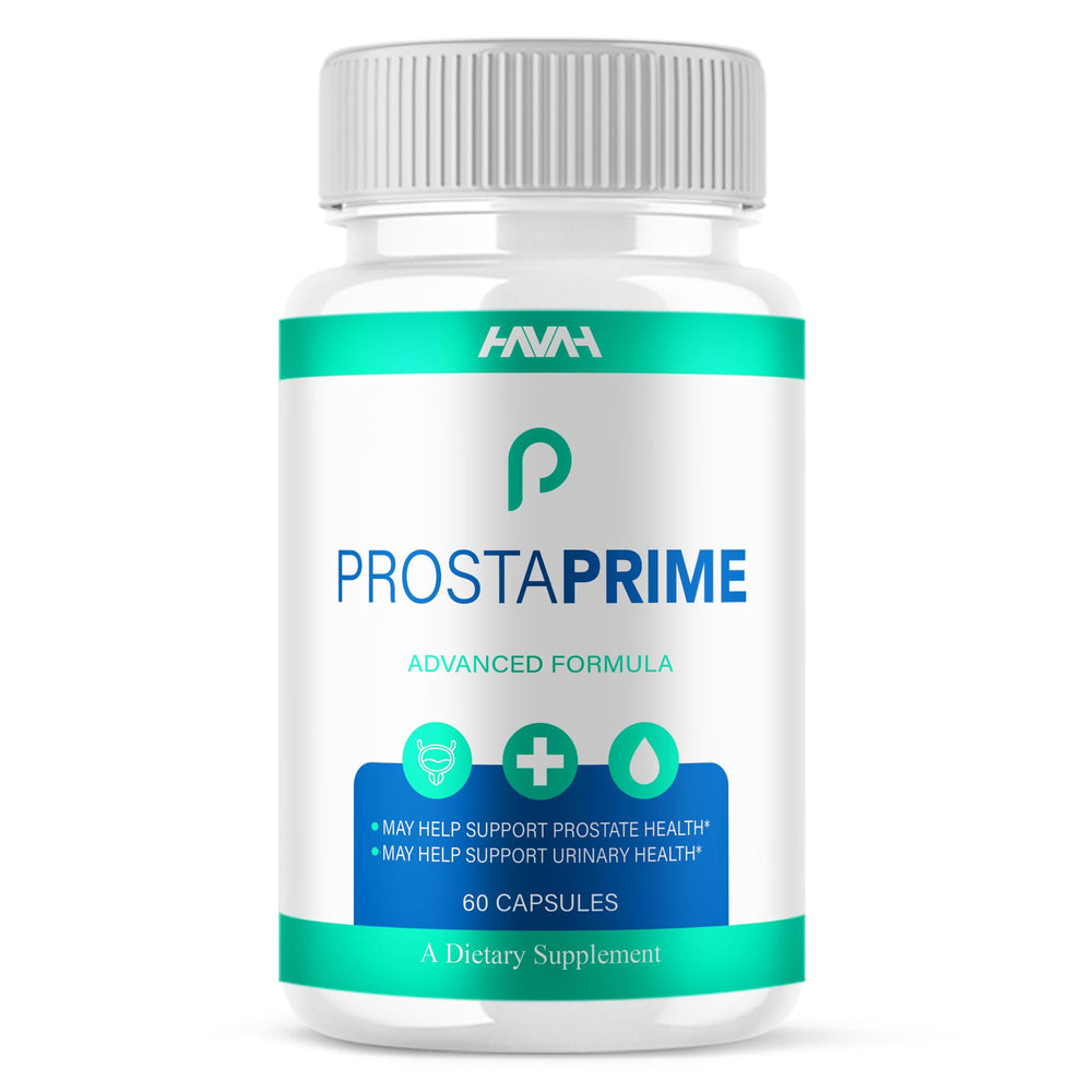 Havah ProstaPrime bottle front view, supports daily wellness with an advanced prostate-friendly formula.