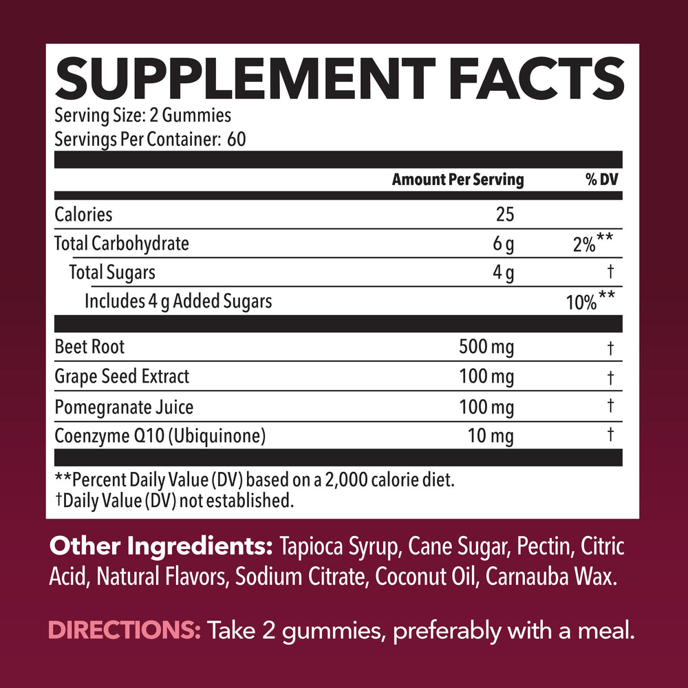 Close-up of a gummy showing 500 mg beet root per piece from Havasu Nutrition.