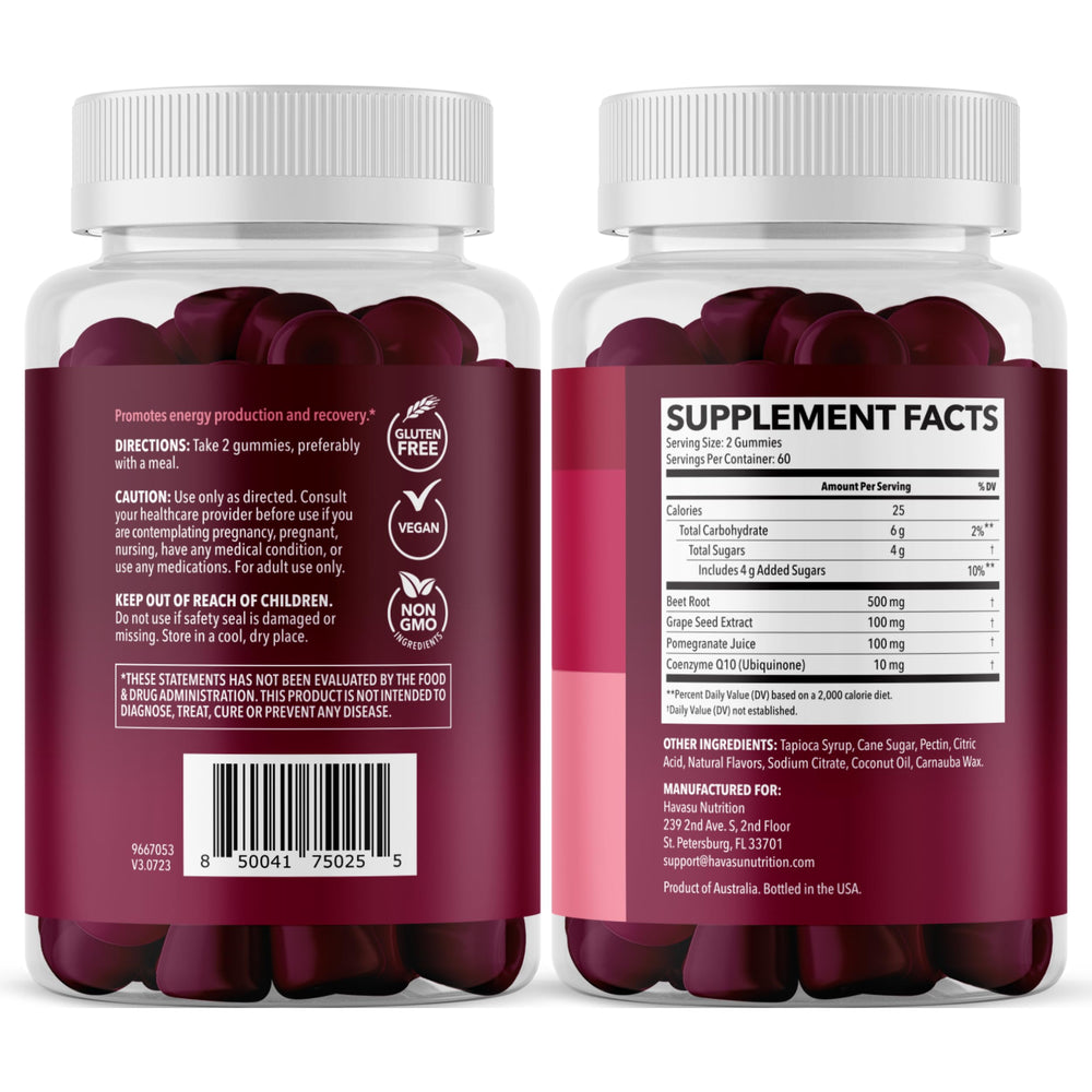 Nutritional facts panel visible on Havasu Nutrition Beet Root Gummies bottle.
