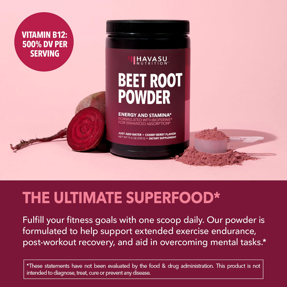 HAVASU Nutrition Beet Root Powder cherry-berry flavor in a glass