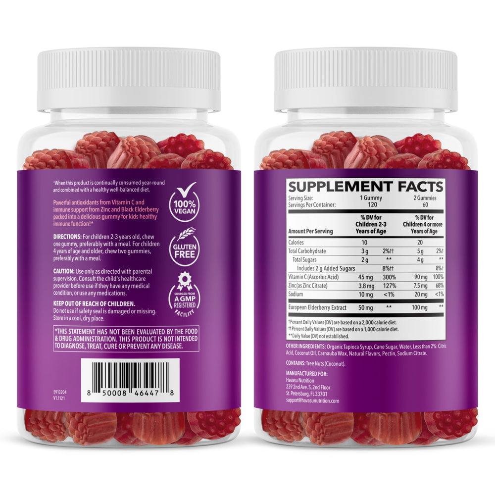 HAVASU NUTRITION Elderberry Kids Gummies serving size and usage information on label