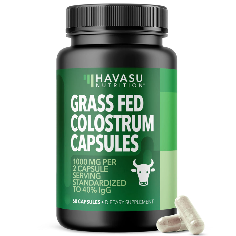 HAVASU Nutrition grass-fed colostrum bottle highlights 60 capsules for immune support.
