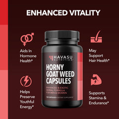 HAVASU NUTRITION Horny Goat Weed capsules close-up in supplement form.