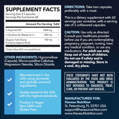 Havasu Nutrition label close-up showing vegan, non-GMO formula and performance blend.