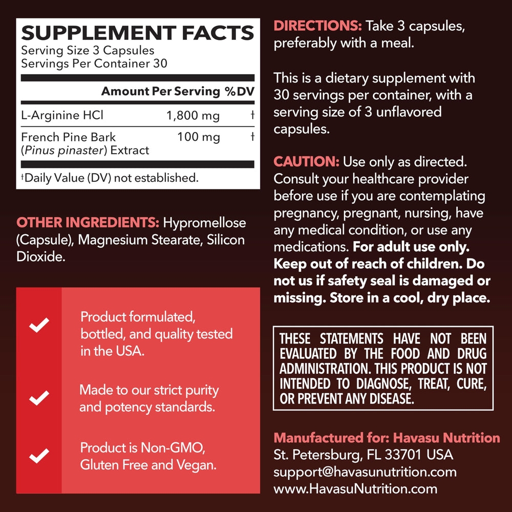 HAVASU Nutrition L-Arginine Pine Bark capsules close-up shows capsule texture.
